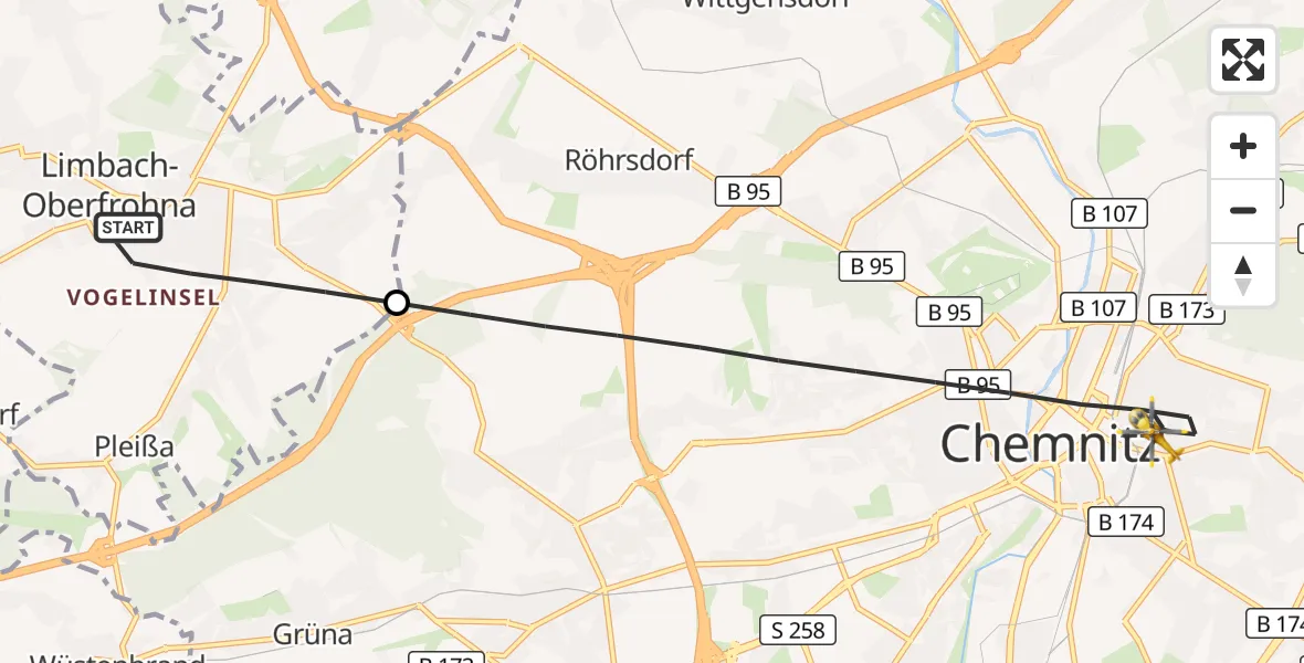 Flugroute Rettungshubschrauber Limbach-Oberfrohna - Chemnitz, 27 Juni 2026, 13:29