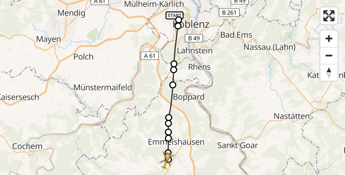 Flugroute Rettungshubschrauber Koblenz - Bickenbach, 27 Juni 2026, 13:31