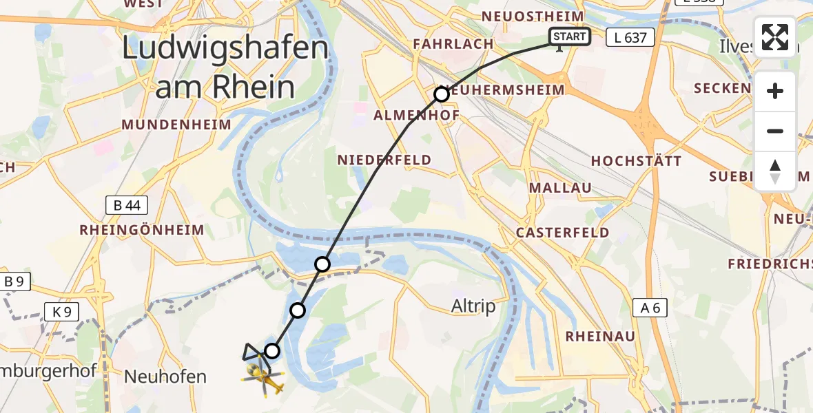 Flugroute Rettungshubschrauber Mannheim-City Flughafen - Neuhofen, 27 Juni 2026, 13:32