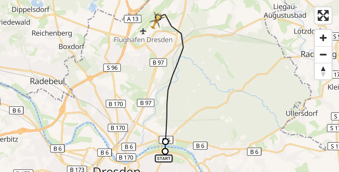 Flugroute Rettungshubschrauber Dresden University Hospital - Dresden Bundespolizei Hubschrauberlandeplatz, 27 Juni 2026, 13:33