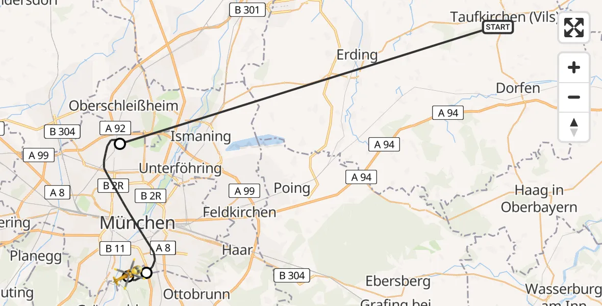 Flugroute Rettungshubschrauber Taufkirchen (Vils) - ADAC Air Rescue Center Hubschrauberlandeplatz (Christoph 1), 27 Juni 2026, 13:33
