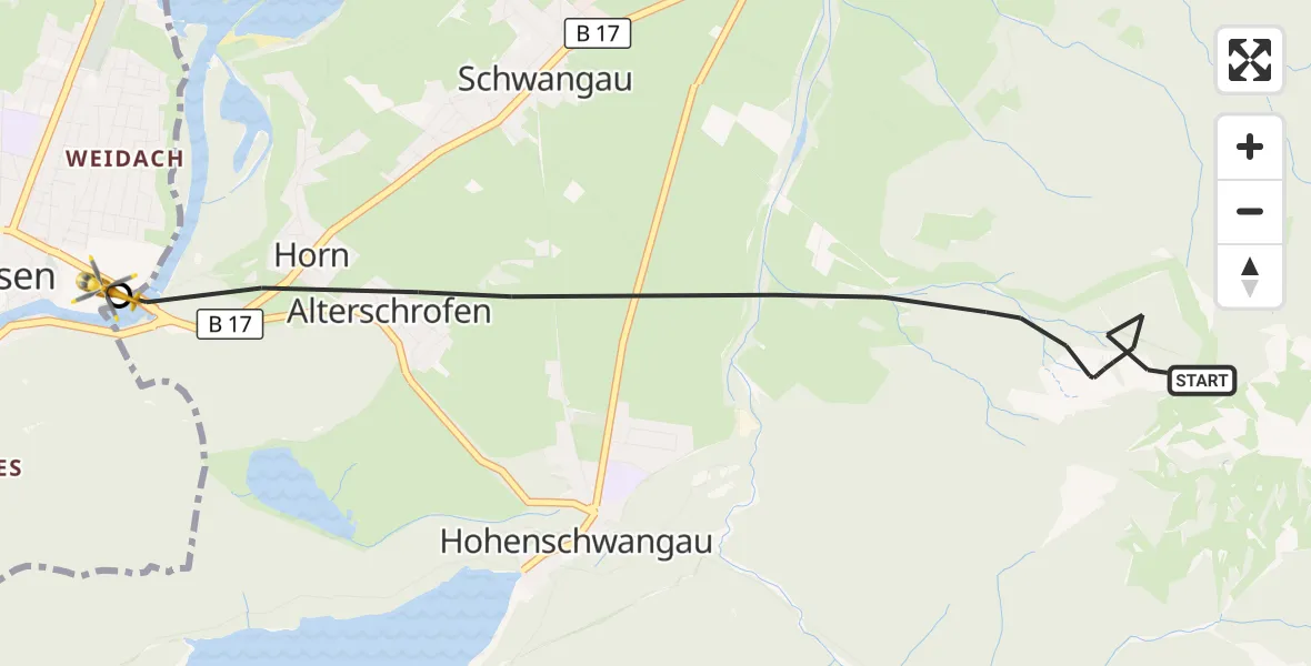 Flugroute Rettungshubschrauber Schwangau - Füssen, 27 Juni 2026, 13:35