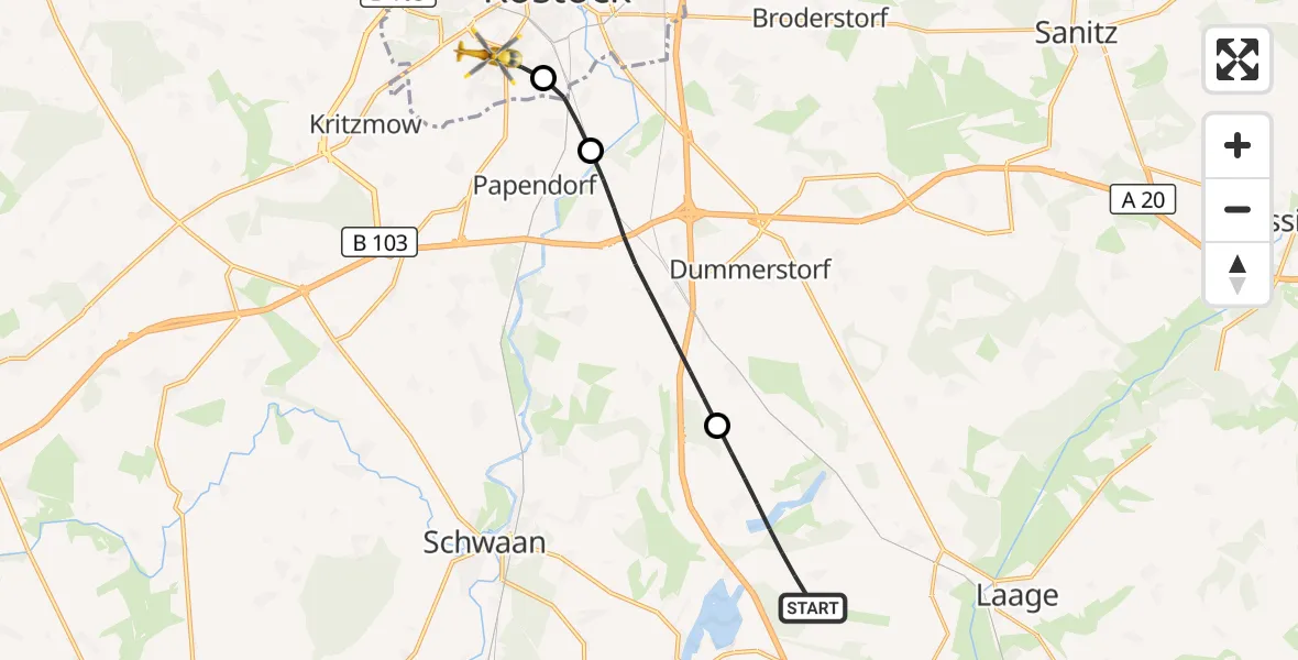 Flugroute Rettungshubschrauber Dolgen am See - Rostock, 27 Juni 2026, 13:35
