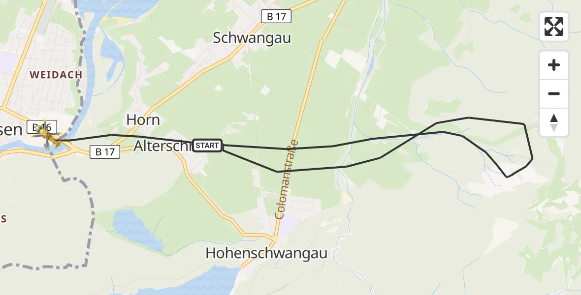 Flugroute Rettungshubschrauber Schwangau - Füssen, 27 Juni 2026, 13:42