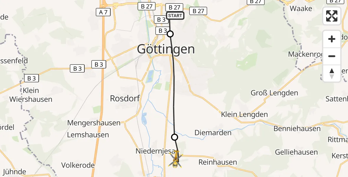 Flugroute Rettungshubschrauber Göttingen University Clinic Hubschrauberlandeplatz - Friedland, 27 Juni 2026, 13:45