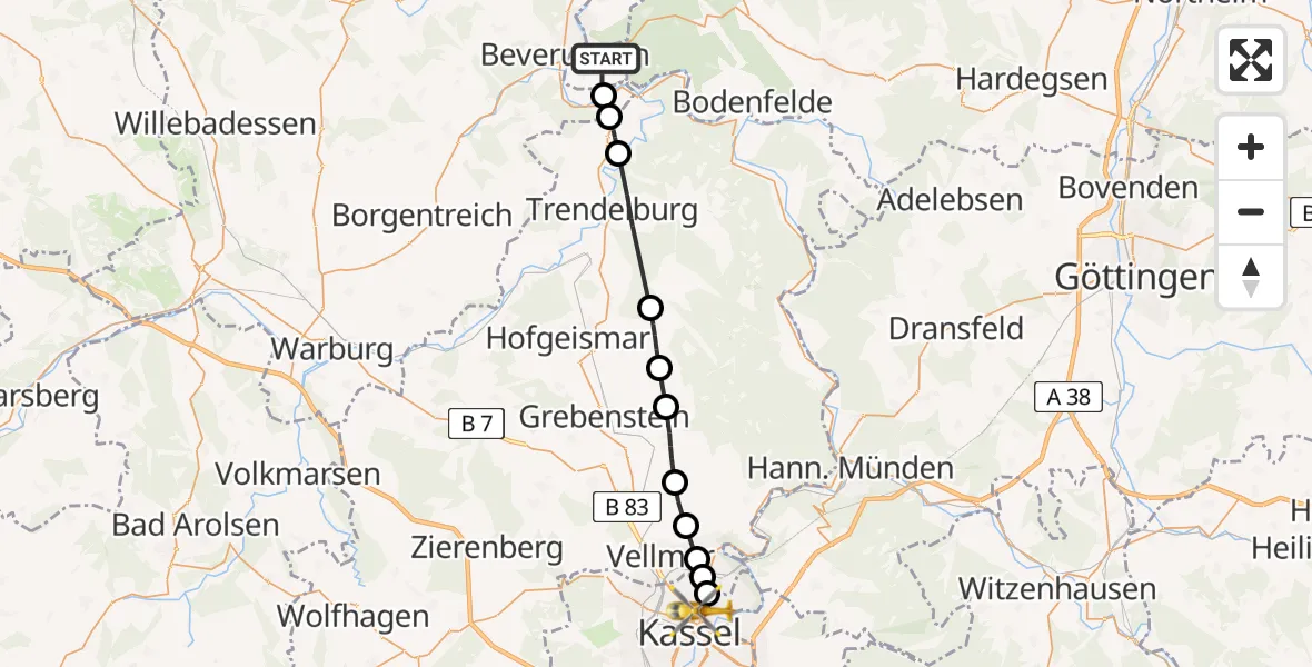 Flugroute Rettungshubschrauber Lauenförde - Kassel, 27 Juni 2026, 13:48