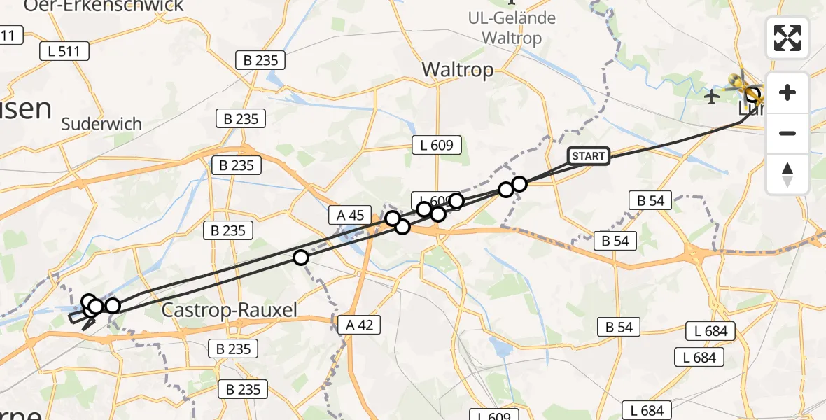 Flugroute Rettungshubschrauber Lünen - Sankt Marien Hospital, 27 Juni 2026, 13:48