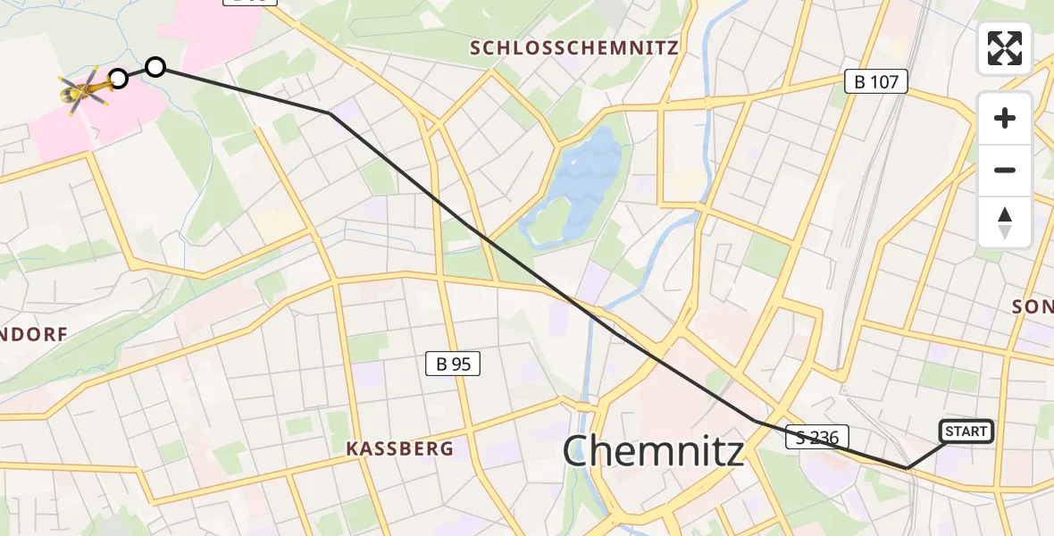 Flugroute Rettungshubschrauber Chemnitz - Flemmingstraße Hospital Rooftop, 27 Juni 2026, 13:49
