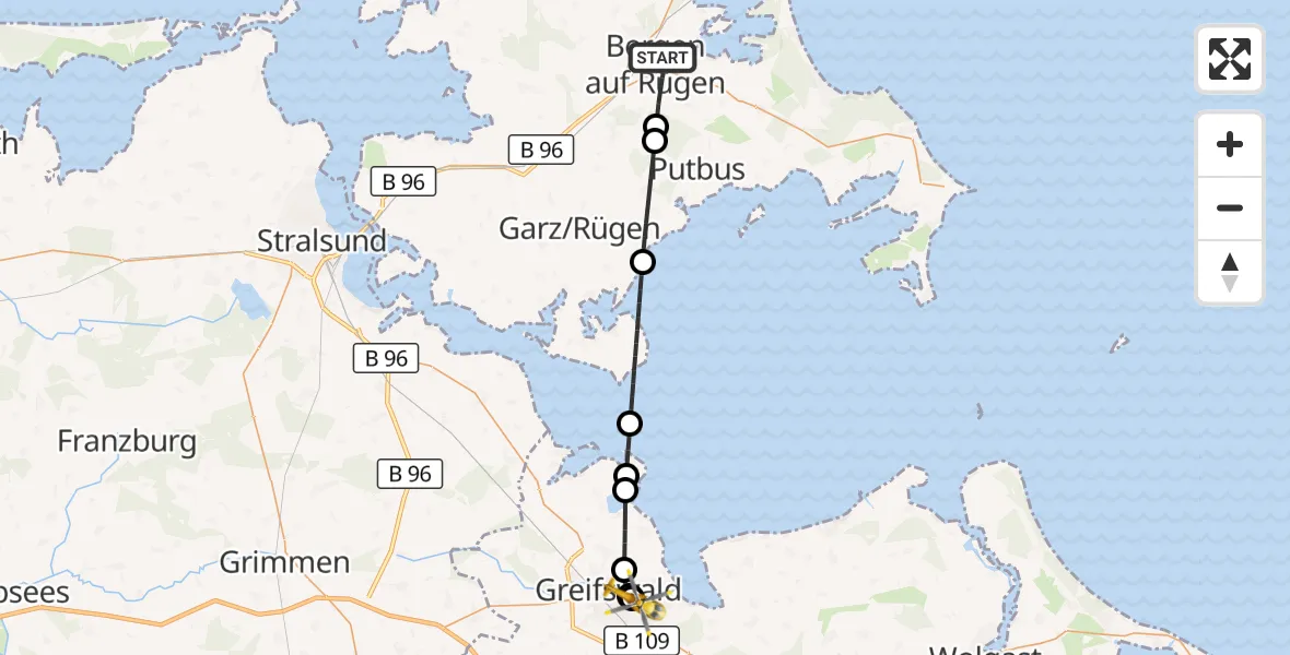 Flugroute Rettungshubschrauber Bergen auf Rügen - Greifswald Hospital, 27 Juni 2026, 13:49