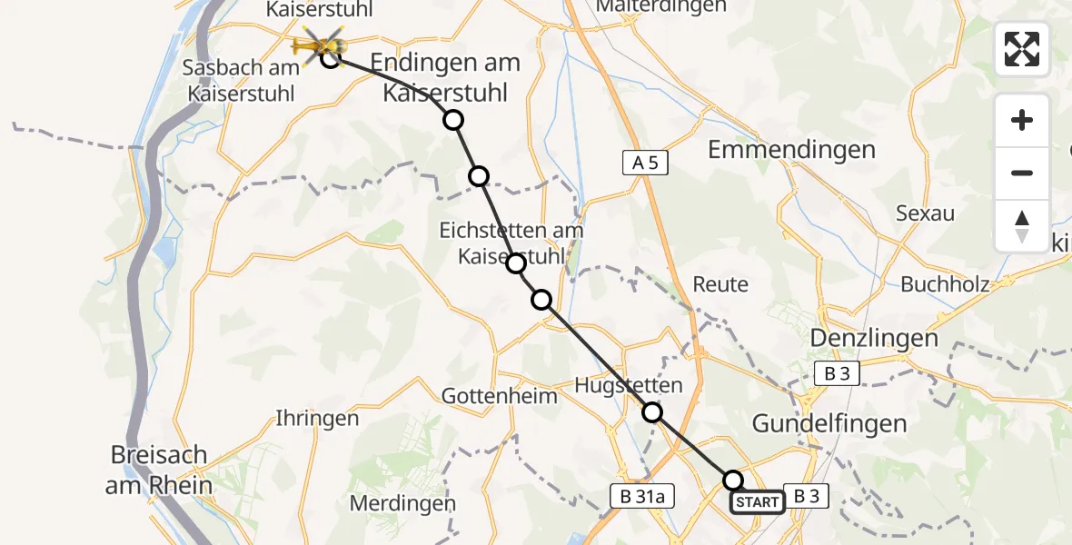 Flugroute Ambulanzhubschrauber Freiburg im Breisgau Flugplatz - Wyhl am Kaiserstuhl, 27 Juni 2026, 13:57