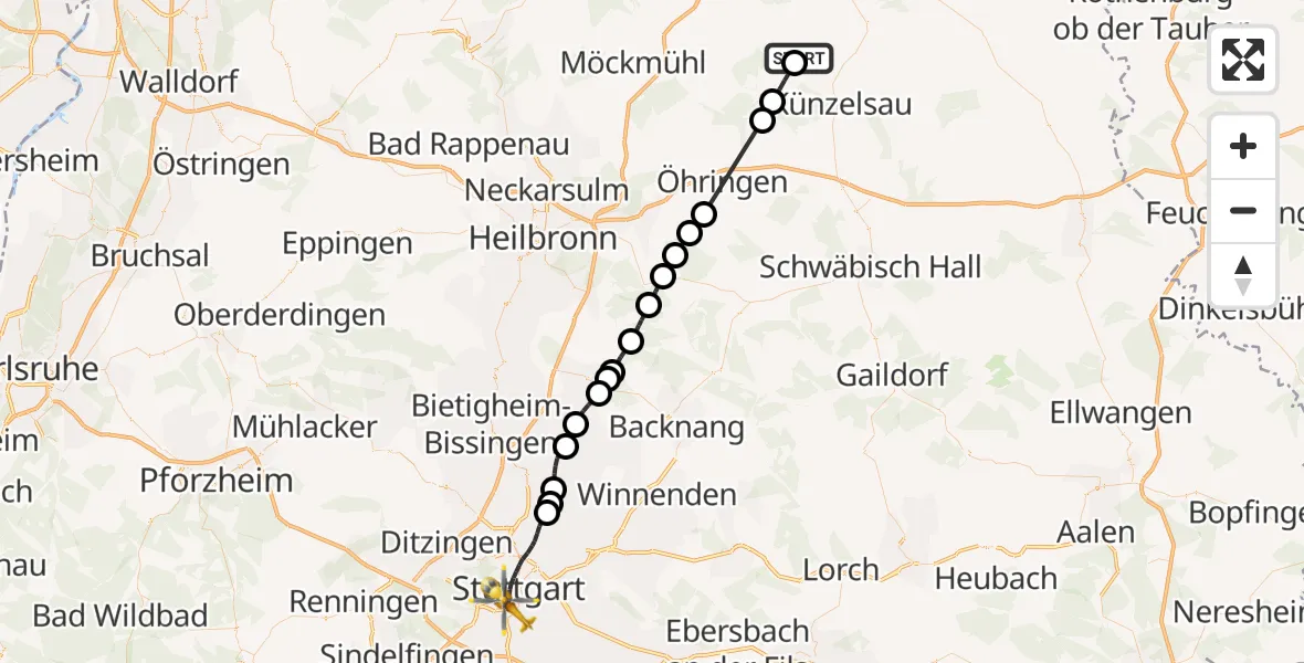 Flugroute Rettungshubschrauber Ingelfingen - Stuttgart, 27 Juni 2026, 13:59