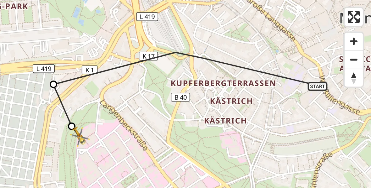 Flugroute Rettungshubschrauber Mainz - Mainz University Hospital, 27 Juni 2026, 14:04