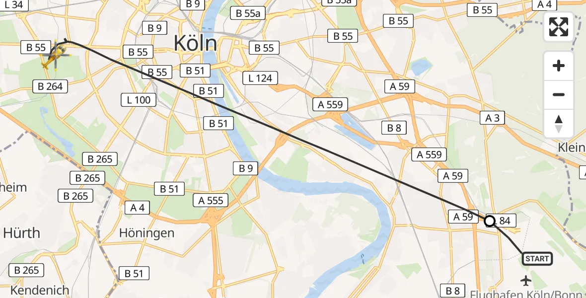 Flugroute Ambulanzhubschrauber Köln Bonn Flughafen - Köln, 27 Juni 2026, 14:10