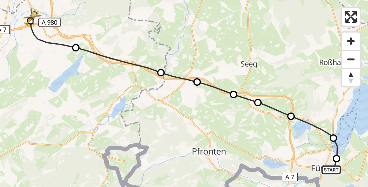 Flugroute Rettungshubschrauber Füssen - Kempten-Durach Flugplatz, 27 Juni 2026, 14:11