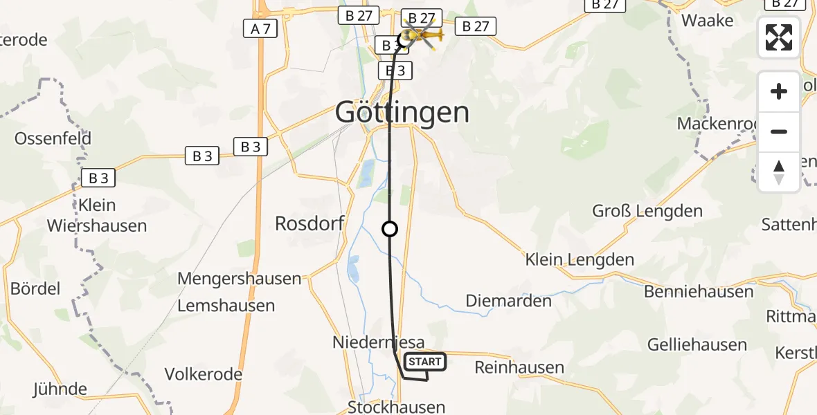 Flugroute Rettungshubschrauber Friedland - Göttingen University Clinic Hubschrauberlandeplatz, 27 Juni 2026, 14:18