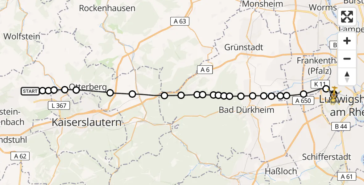 Flugroute Rettungshubschrauber Erzenhausen - Ludwigshafen Accident Hospital, 27 Juni 2026, 14:18