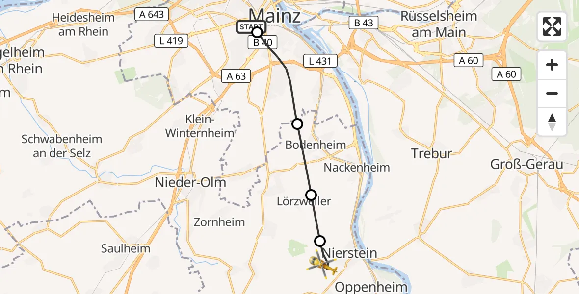 Flugroute Rettungshubschrauber Mainz University Hospital - Nierstein, 27 Juni 2026, 14:23