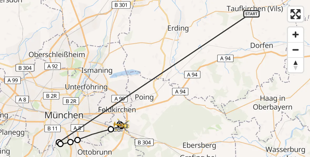 Flugroute Rettungshubschrauber Taufkirchen (Vils) - Haar Krankenhaus Hubschrauberlandeplatz, 27 Juni 2026, 14:25