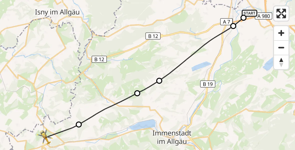Flugroute Rettungshubschrauber Kempten-Durach Flugplatz - Oberstaufen, 27 Juni 2026, 14:27