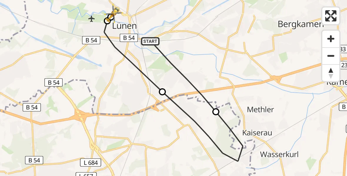 Flugroute Rettungshubschrauber Lünen - Sankt Marien Hospital, 27 Juni 2026, 14:31