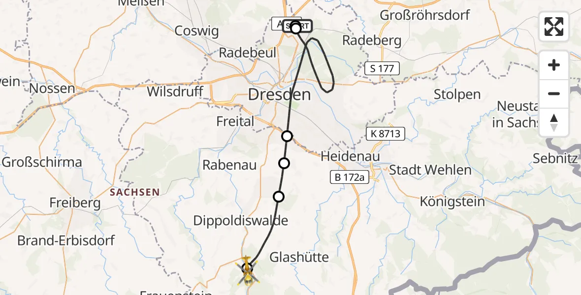 Flugroute Rettungshubschrauber Dresden Bundespolizei Hubschrauberlandeplatz - Dippoldiswalde, 27 Juni 2026, 14:42