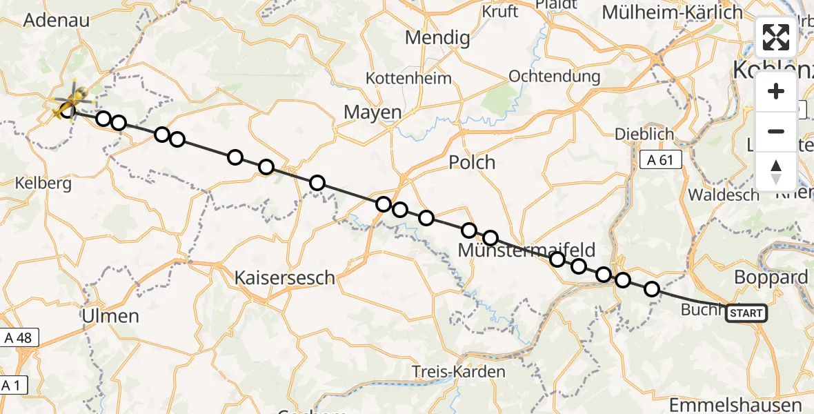 Flugroute Rettungshubschrauber Boppard - Nürburgring Hubschrauberlandeplatz, 27 Juni 2026, 14:44