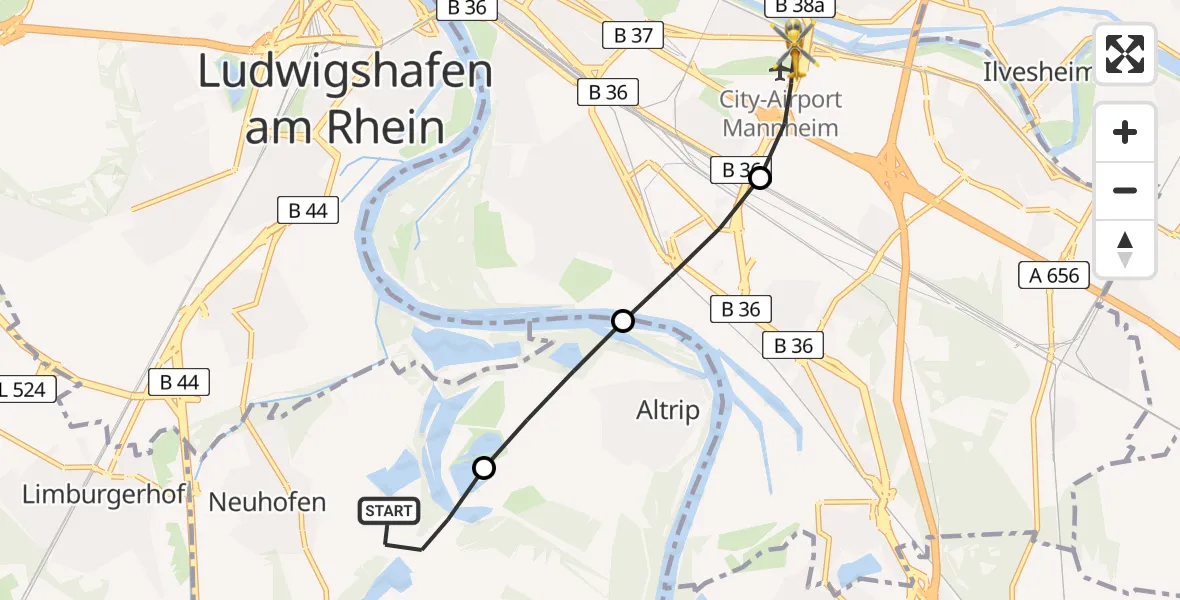 Flugroute Rettungshubschrauber Neuhofen - Mannheim-City Flughafen, 27 Juni 2026, 14:45