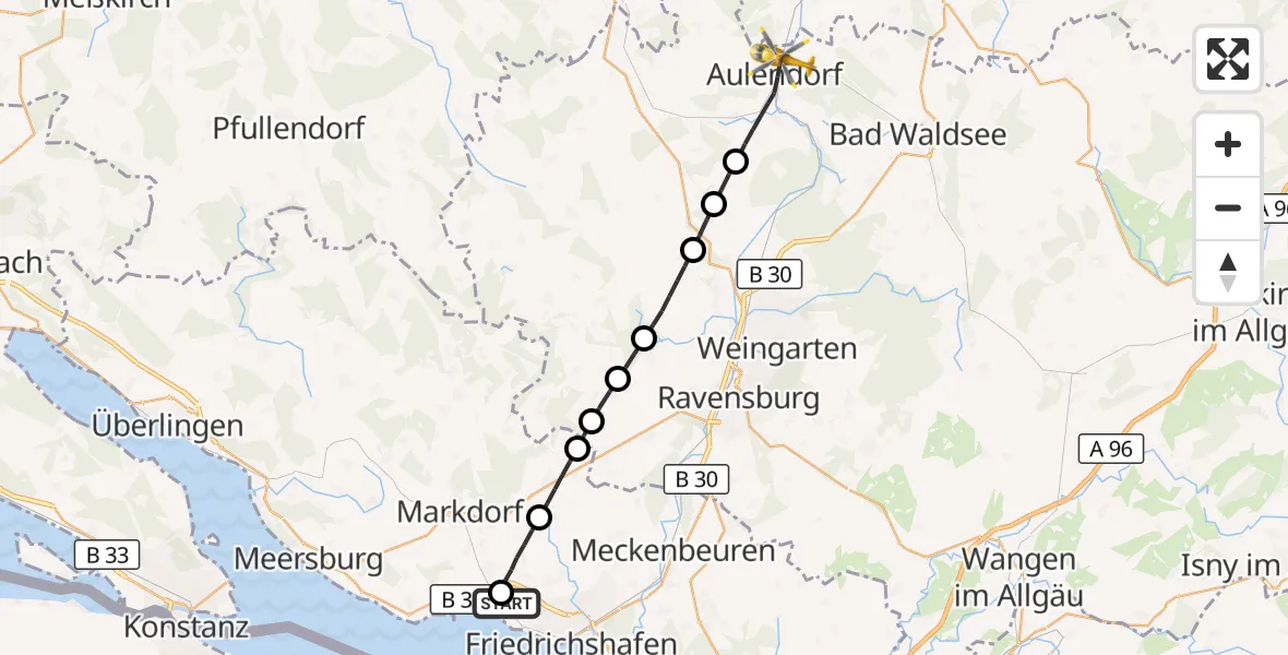 Flugroute Rettungshubschrauber Friedrichshafen Hospital - Aulendorf, 27 Juni 2026, 14:45