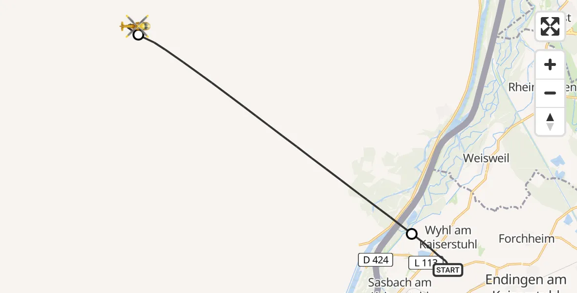 Flugroute Ambulanzhubschrauber Wyhl am Kaiserstuhl - Sélestat Hospital Heliport, 27 Juni 2026, 14:46