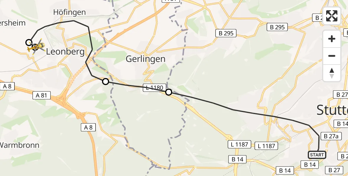 Flugroute Rettungshubschrauber Stuttgart - Leonberg Hospital, 27 Juni 2026, 14:46