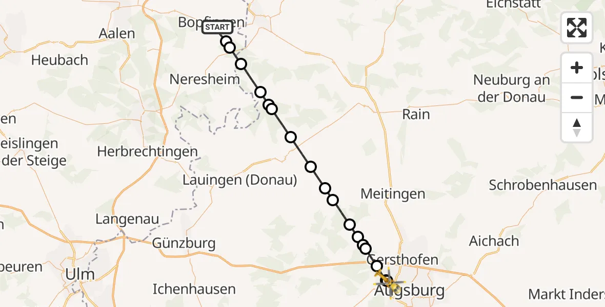 Flugroute Rettungshubschrauber Bopfingen - Augsburg University Hospital, 27 Juni 2026, 14:56