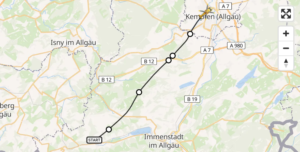 Flugroute Rettungshubschrauber Oberstaufen - Kempten (Allgäu), 27 Juni 2026, 15:05
