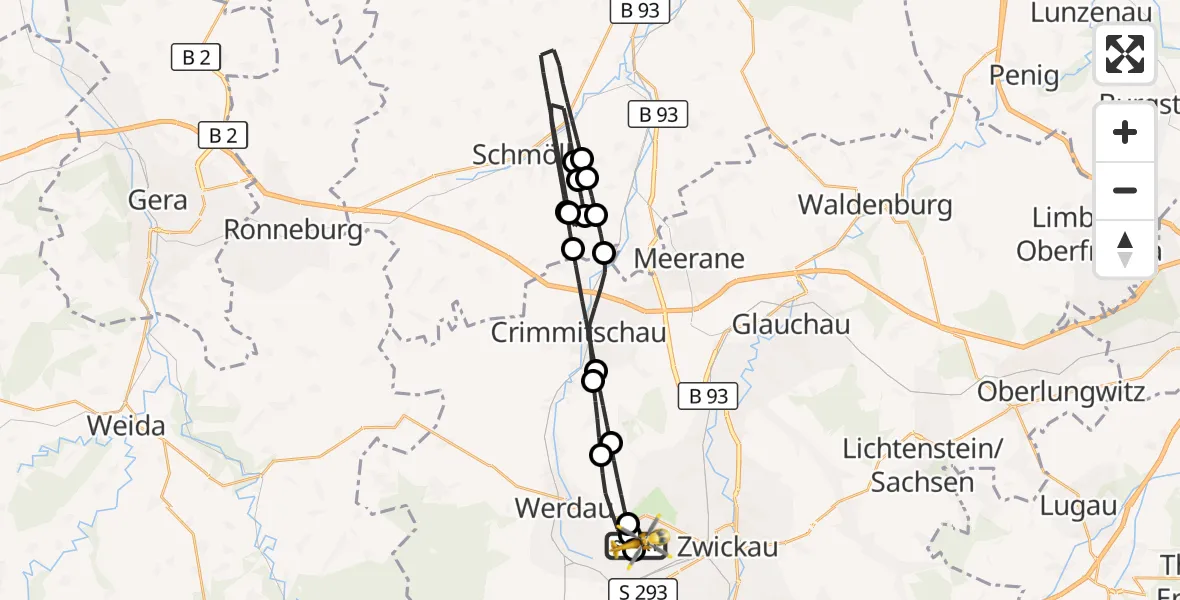 Flugroute Rettungshubschrauber ADAC Air Rescue Station Zwickau Hubschrauberlandeplatz - ADAC Air Rescue Station Zwickau Hubschrauberlandeplatz, 27 Juni 2026, 15:08
