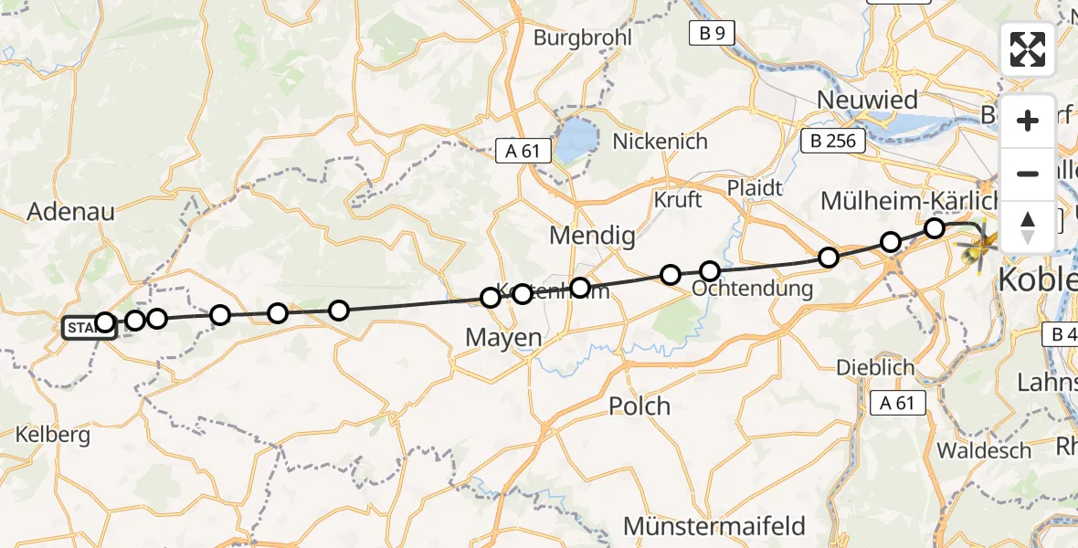 Flugroute Rettungshubschrauber Nürburgring Hubschrauberlandeplatz - Koblenz, 27 Juni 2026, 15:13