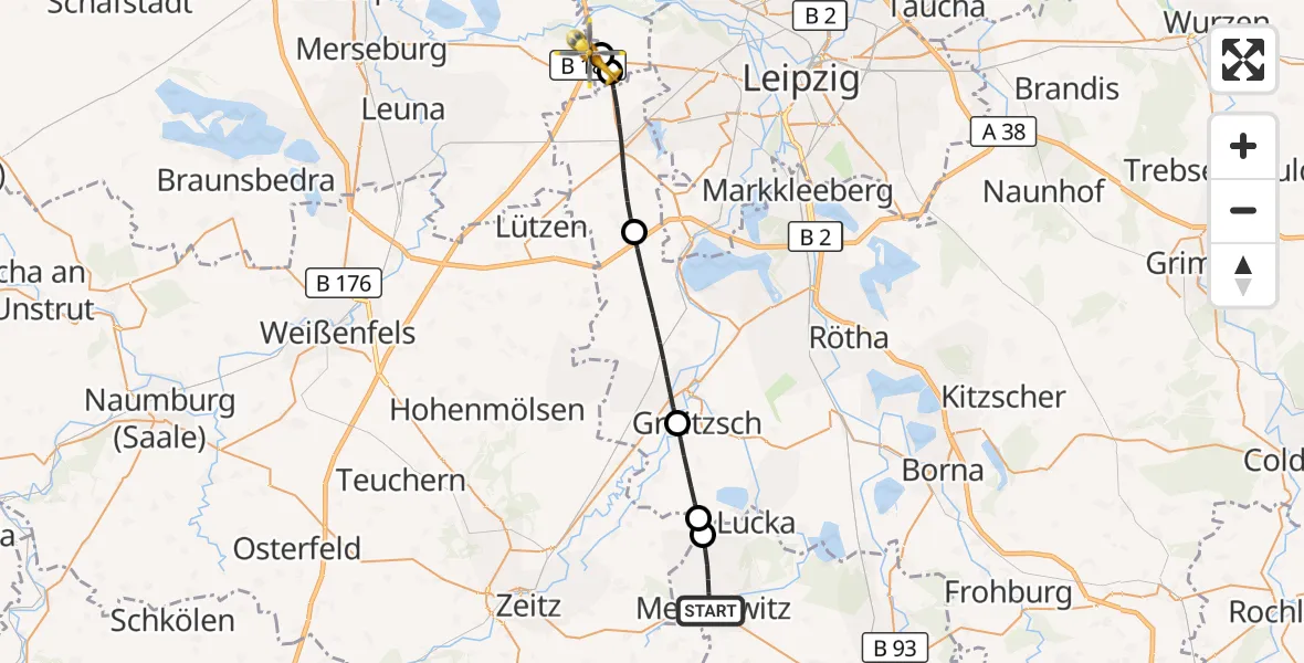 Flugroute Rettungshubschrauber Meuselwitz - ADAC Air Rescue Station Leipzig/Schkeuditz-Dölzig Hubschrauberlandeplatz (Christoph 61), 27 Juni 2026, 15:16