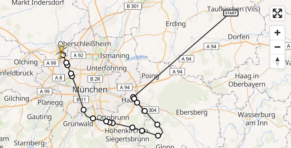 Flugroute Rettungshubschrauber Taufkirchen (Vils) - Karlsfeld, 27 Juni 2026, 15:18