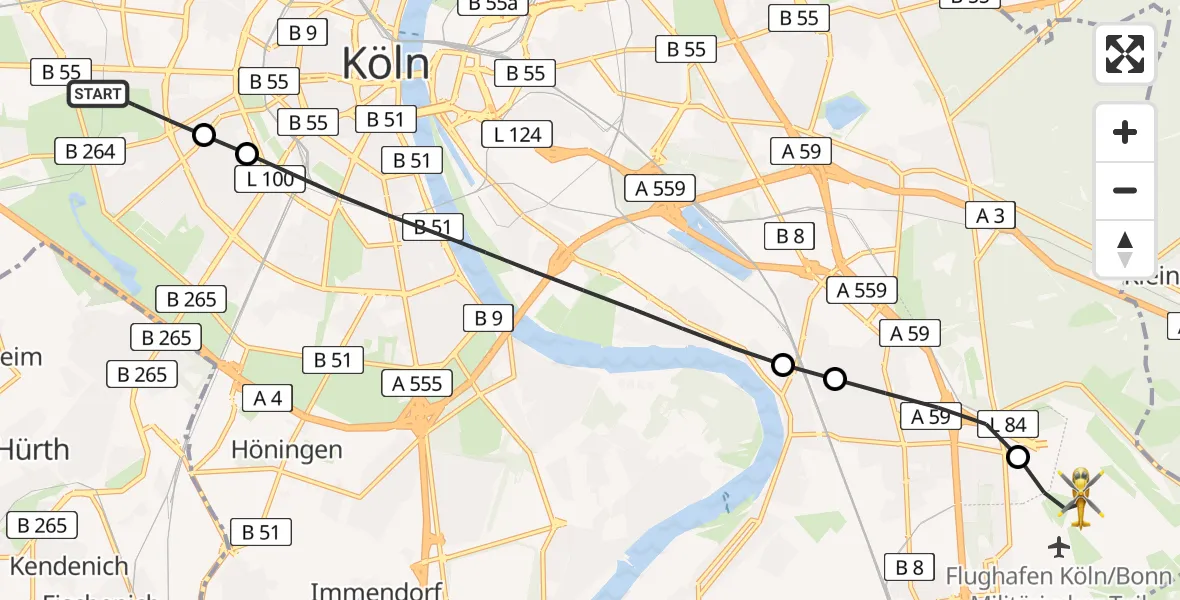 Flugroute Ambulanzhubschrauber Köln - Köln Bonn Flughafen, 27 Juni 2026, 15:18