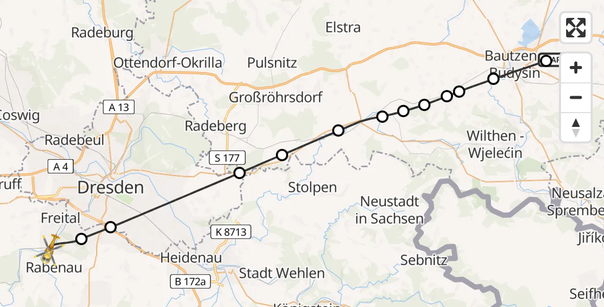 Flugroute Rettungshubschrauber Kubschütz - Freital, 27 Juni 2026, 15:19