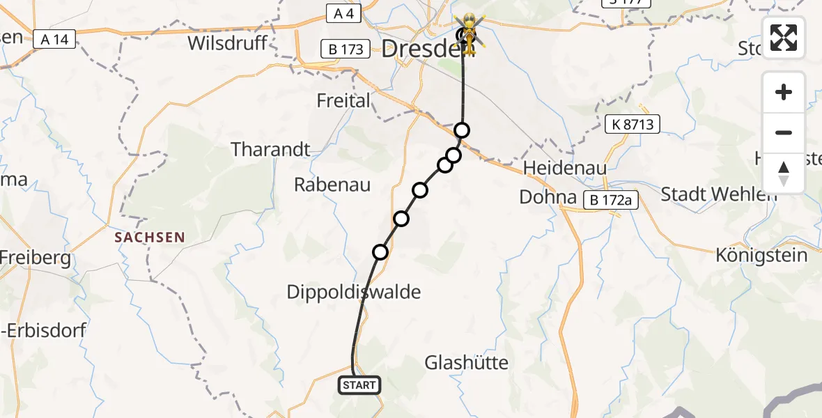 Flugroute Rettungshubschrauber Dippoldiswalde - Dresden University Hospital, 27 Juni 2026, 15:29