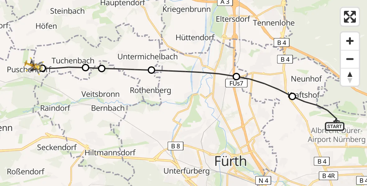 Flugroute Rettungshubschrauber Flughafen Nuremberg - Puschendorf, 27 Juni 2026, 15:36