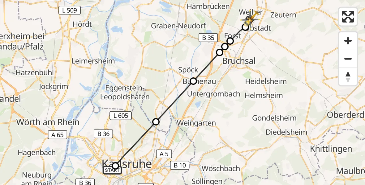 Flugroute Ambulanzhubschrauber Sankt Vincentius Hospital - Ubstadt-Weiher, 27 Juni 2026, 15:36