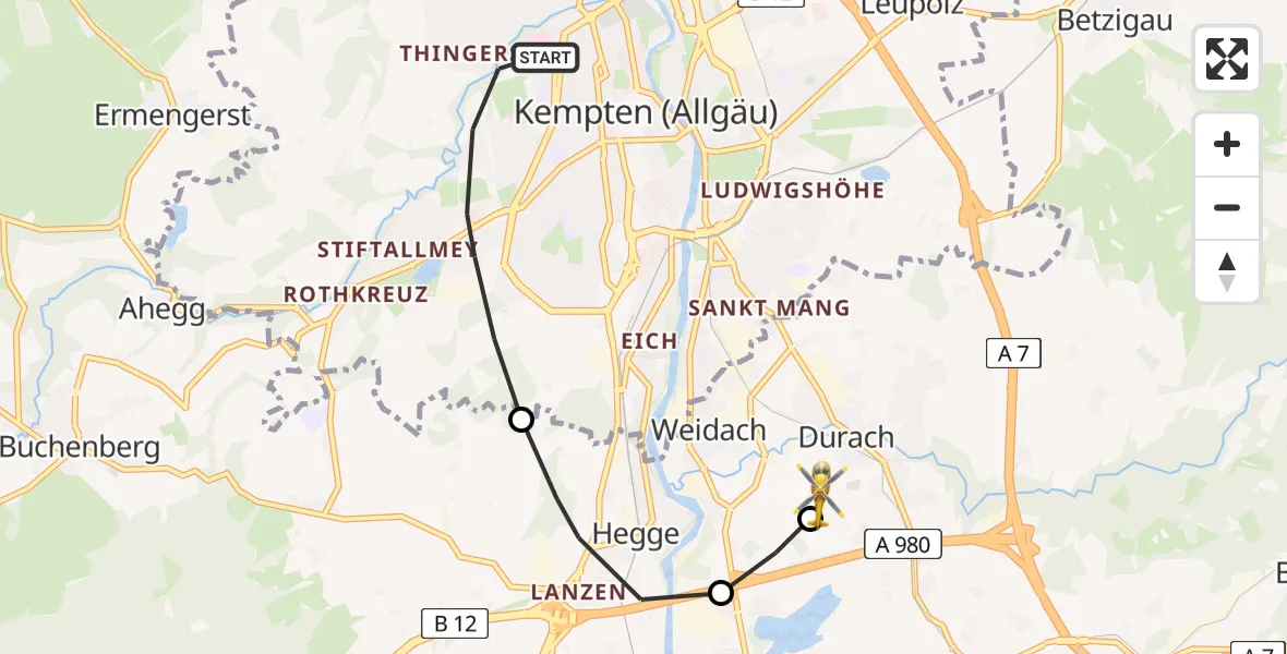 Flugroute Rettungshubschrauber Kempten (Allgäu) - Kempten-Durach Flugplatz, 27 Juni 2026, 15:39