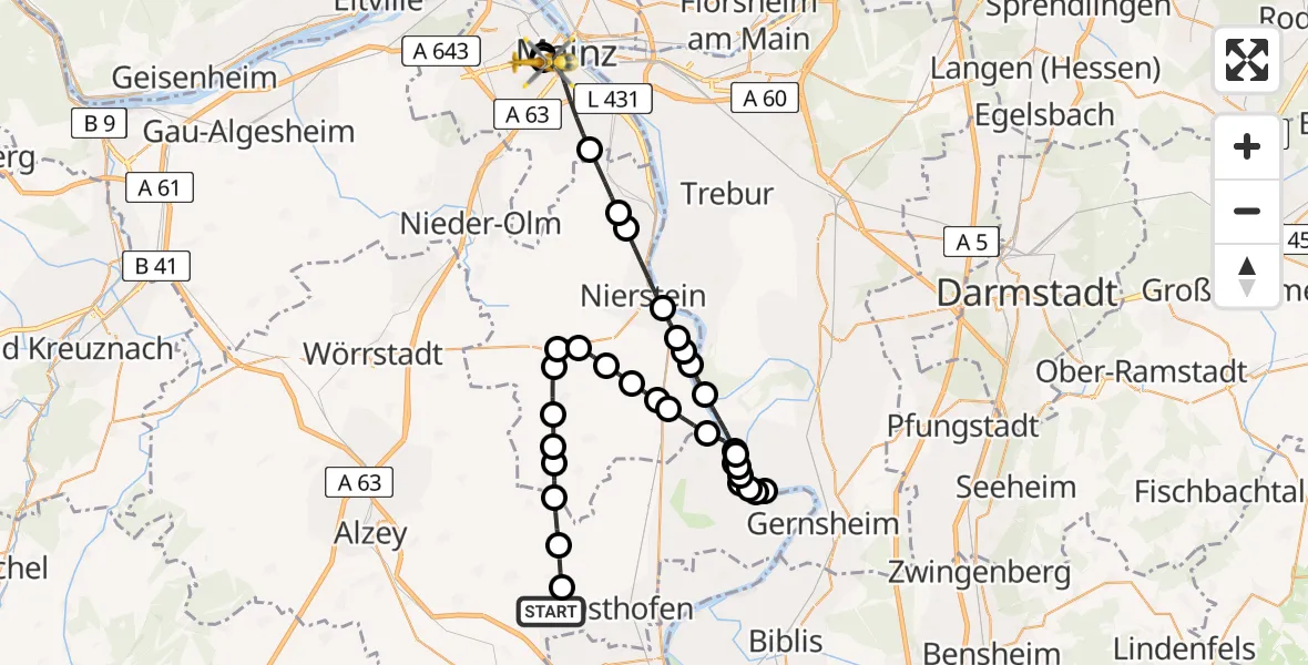 Flugroute Rettungshubschrauber Westhofen - Mainz University Hospital, 27 Juni 2026, 15:39