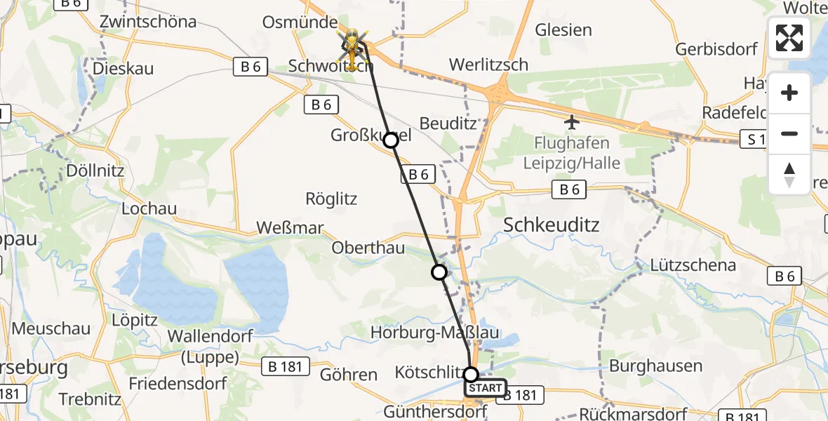 Flugroute Rettungshubschrauber ADAC Air Rescue Station Leipzig/Schkeuditz-Dölzig Hubschrauberlandeplatz (Christoph 61) - Kabelsketal, 27 Juni 2026, 15:40