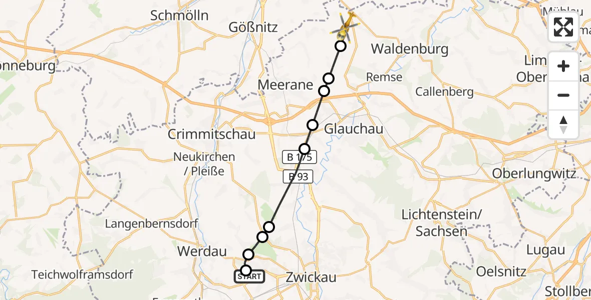 Flugroute Rettungshubschrauber ADAC Air Rescue Station Zwickau Hubschrauberlandeplatz - Oberwiera, 27 Juni 2026, 15:41
