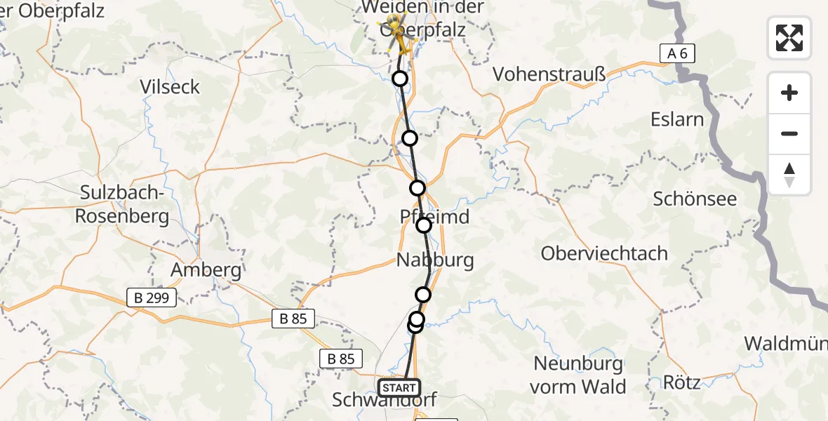 Flugroute Rettungshubschrauber Schwandorf - Weiden i.d.OPf., 27 Juni 2026, 15:49