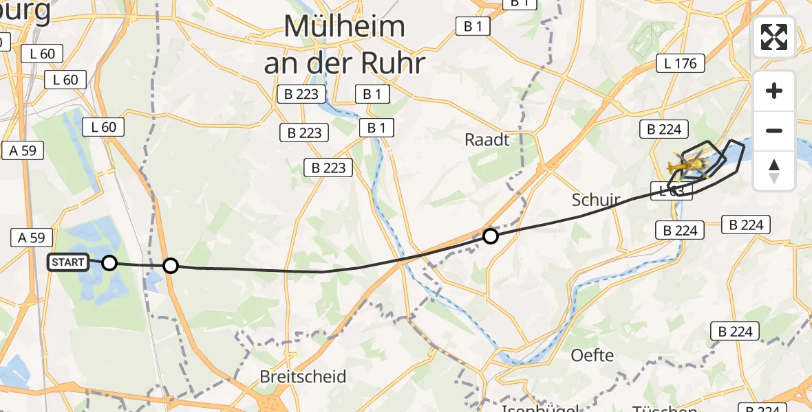 Flugroute Rettungshubschrauber Duisburg Air Rescue Hubschrauberlandeplatz (Christoph 9) - Essen, 27 Juni 2026, 15:54