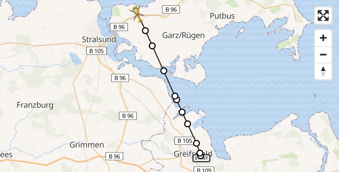 Flugroute Rettungshubschrauber Greifswald Hospital - Rambin, 27 Juni 2026, 15:54