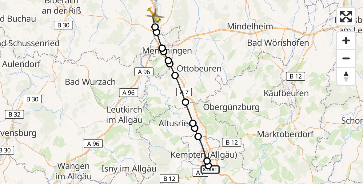 Flugroute Rettungshubschrauber Kempten-Durach Flugplatz - Kirchdorf an der Iller, 27 Juni 2026, 15:55