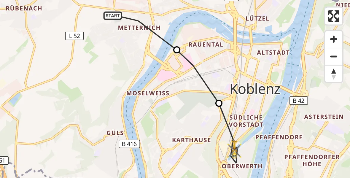 Flugroute Rettungshubschrauber Koblenz - Koblenz, 27 Juni 2026, 16:01
